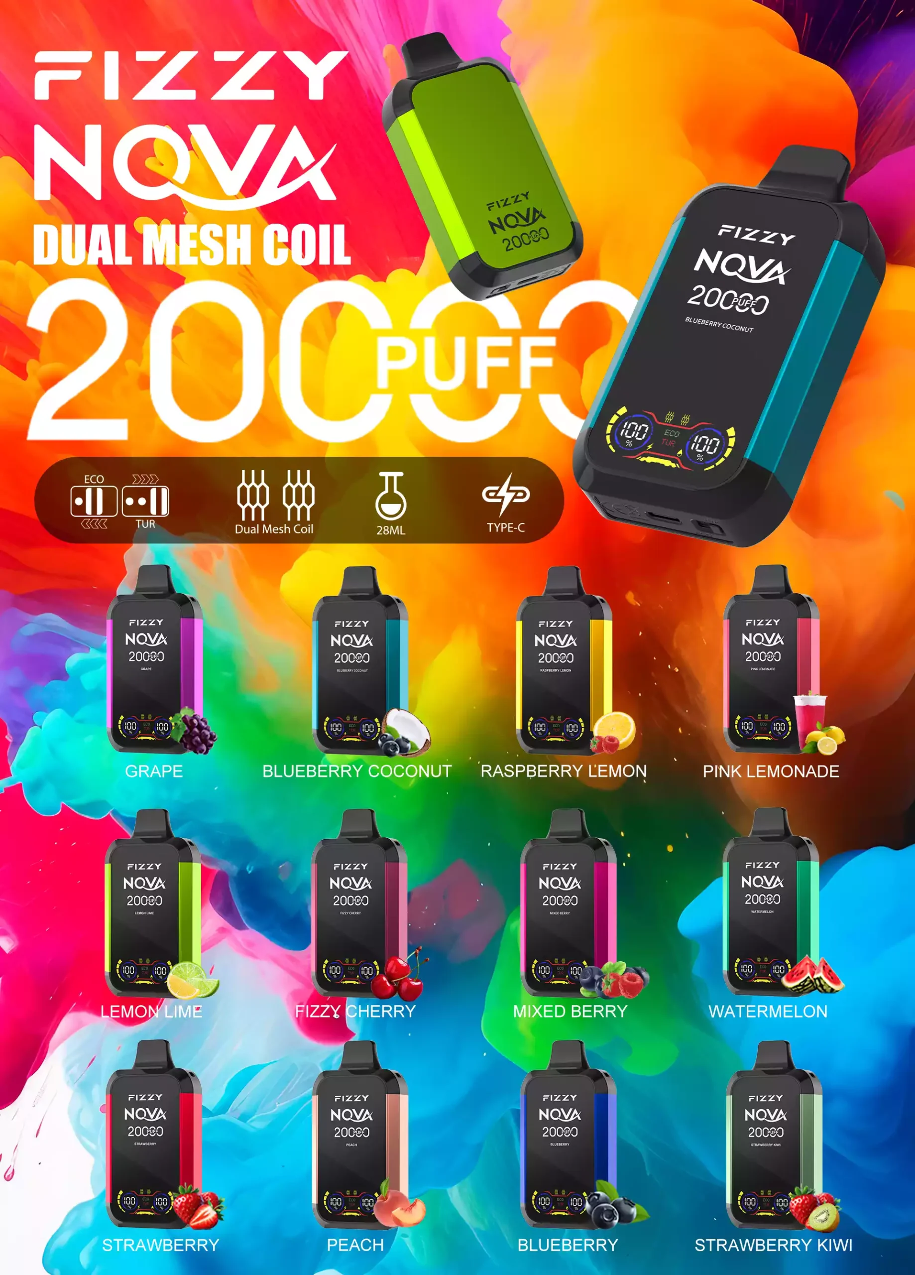 Gyári közvetlen Fizzy Nova 20000 Puffs eldobható Vape 850 mAh hosszú élettartamú akkumulátor nagykereskedés többféle ízválasztékkal (1)