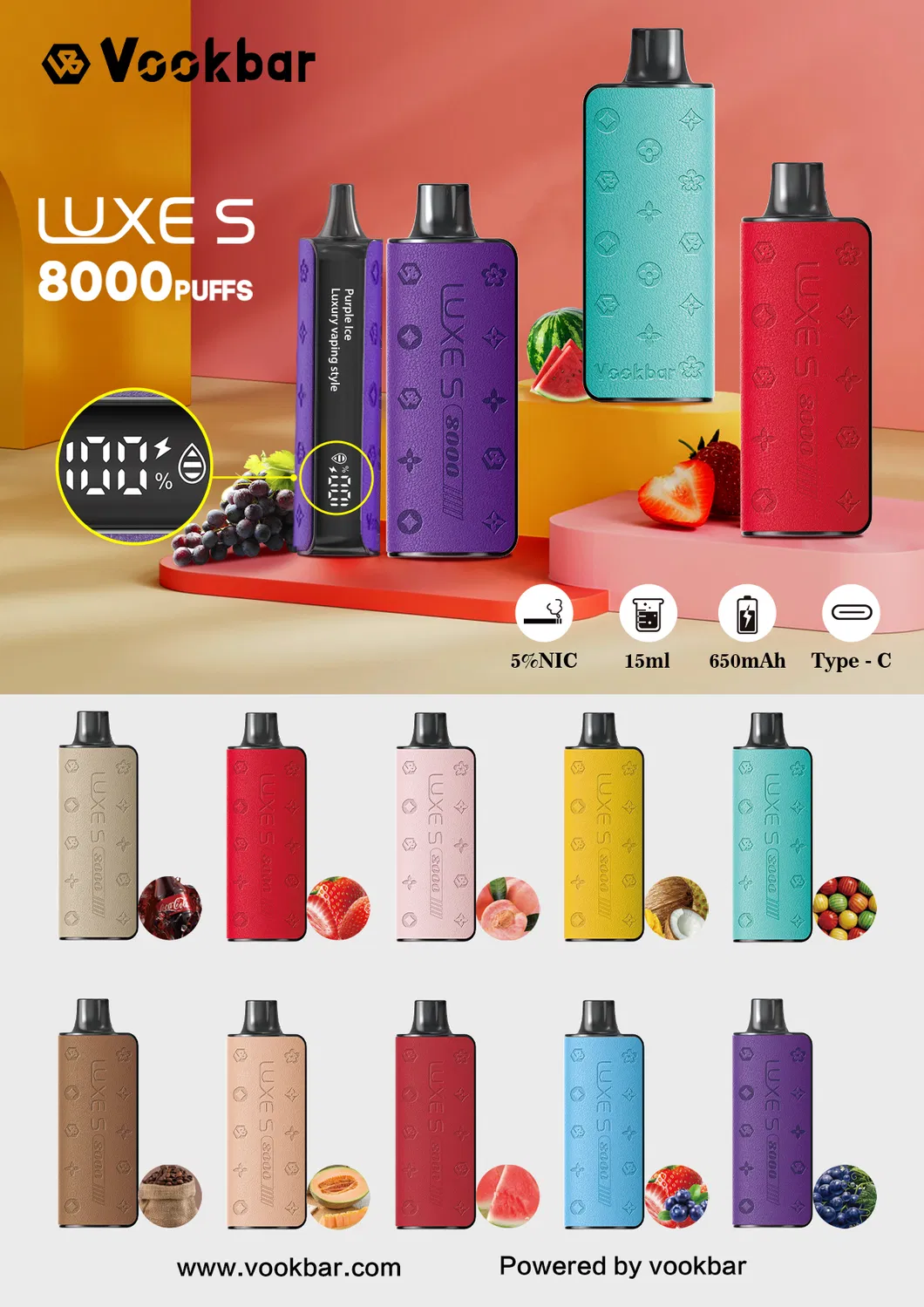 Uus hulgiost Vookbar Luxes 8000 Puffs Nic 5% Tehas Direct Disposable Vape maitse mitmekesisusega (9)