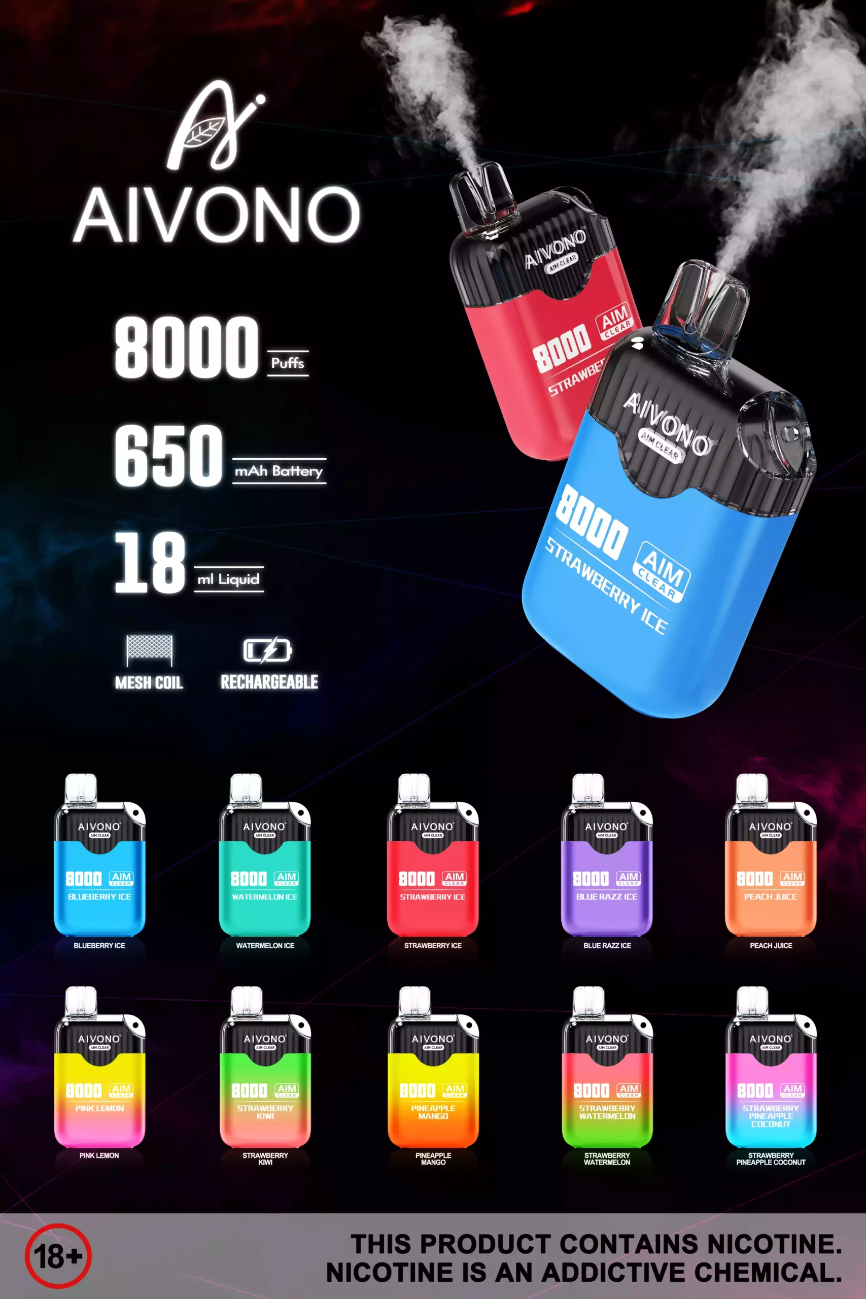 Hurtownia Aivono Aim Clear 8000 Puffs 13400 Rdzeń baterii Jednorazowy Vape Original Factory Direct z wyborem smaków (15)