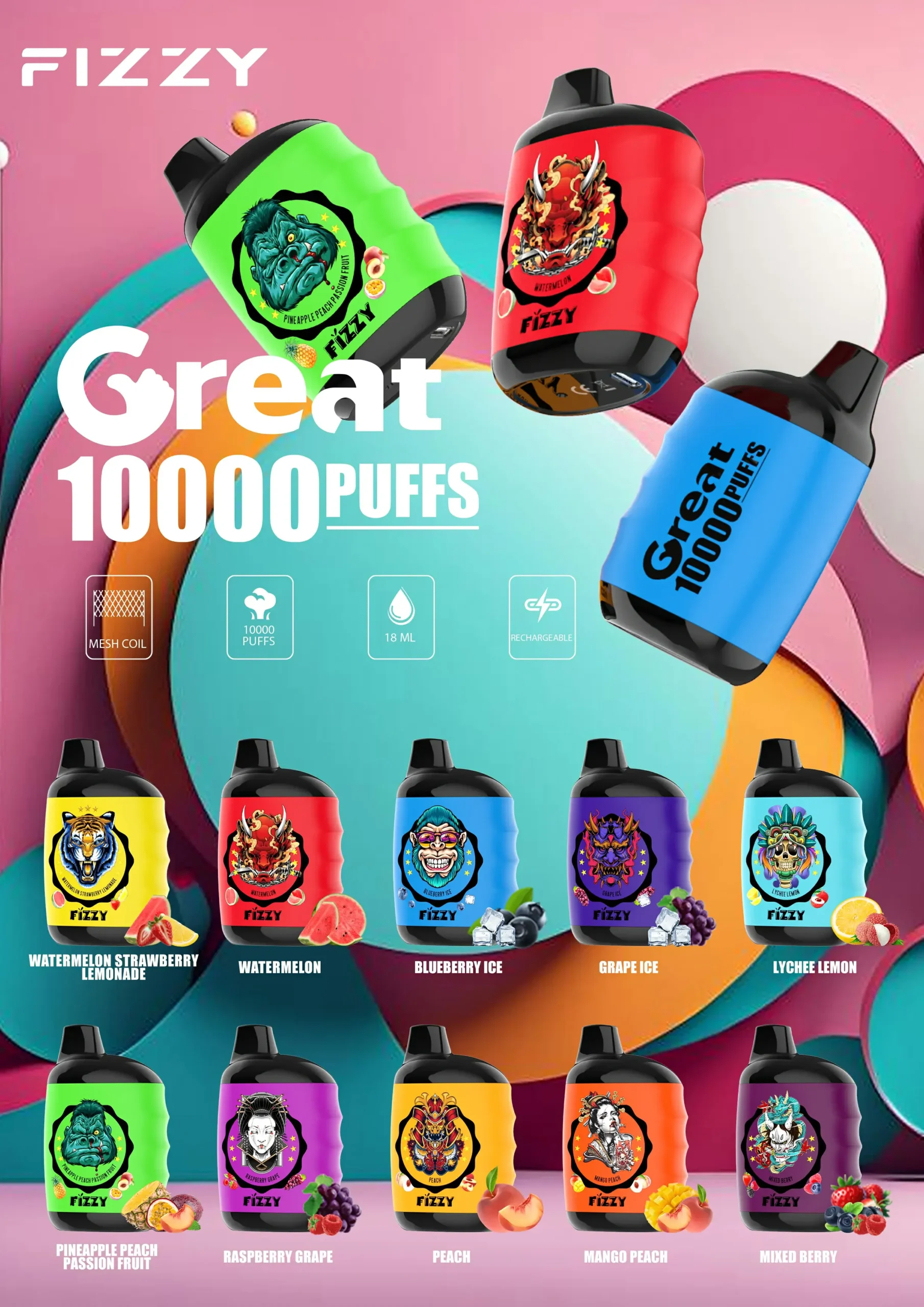 Fizzy Great 10000 Puffs Nicotine 0% 2% 5% LCD Display Factory Direct Wholesale with Multiple Flavor Options3