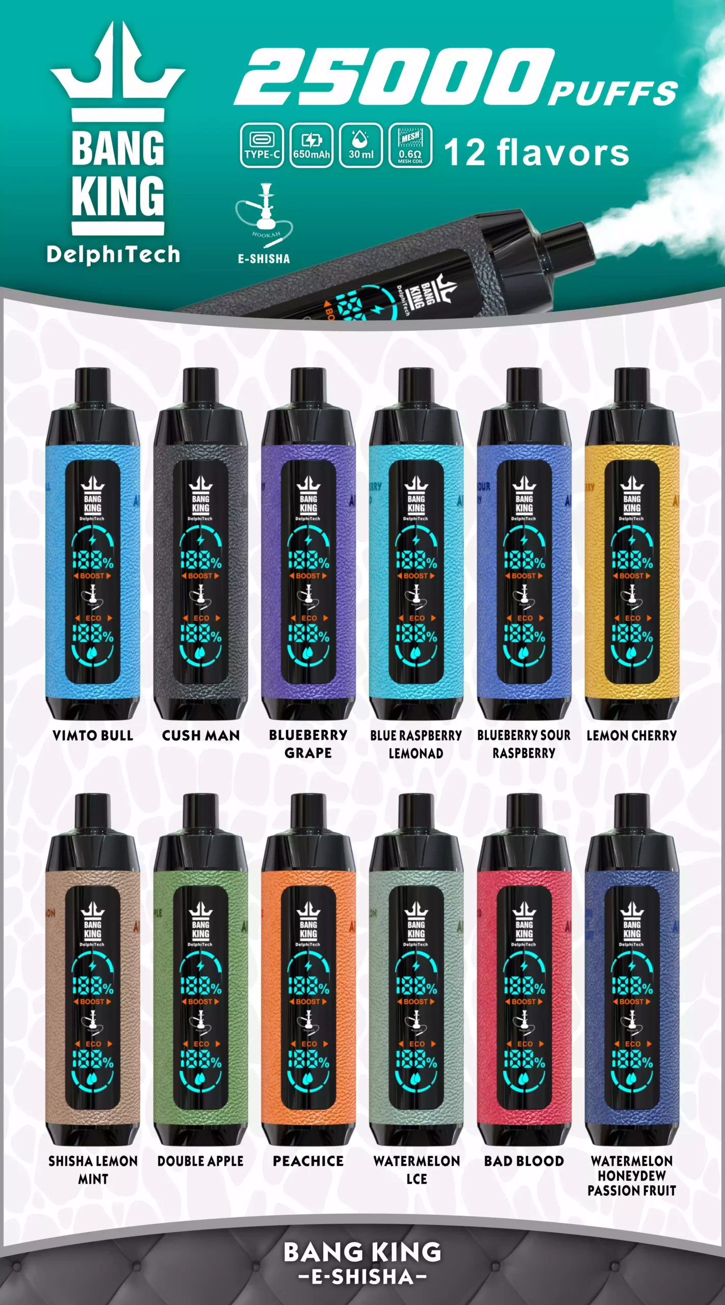 Bang King 25000 Puffs nahkkotis suur 30ml e-vedelik OEM ODM Viimane ühekordse Vape hulgimüük otse tehasest Wide Flavor Opti (8)