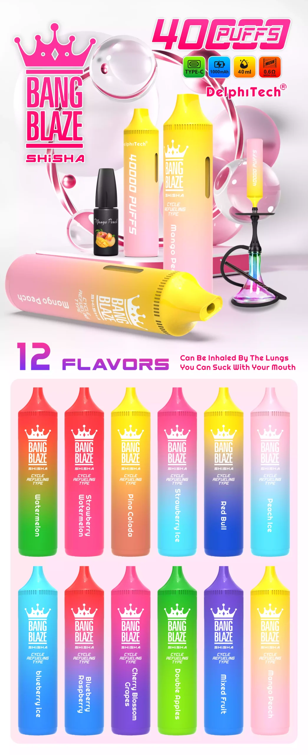 Kuuma myynti Bang Blaze BK40 40000 Puffs Kertakäyttöinen vape 1000mAh akku Useita nikotiinihyvityksiä irtotavaratilauksille 2