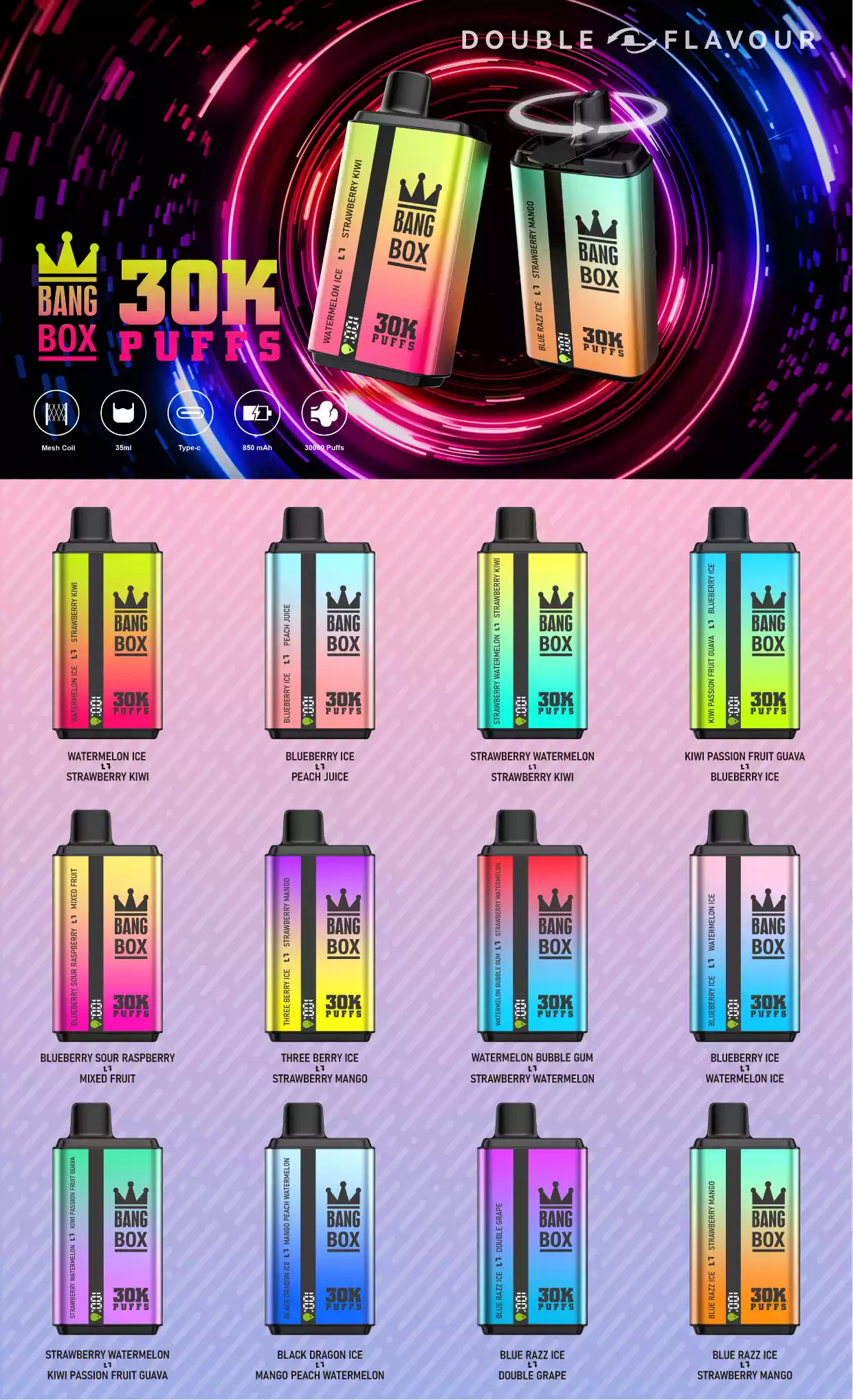 Bang BOX 30000 Puffs Double Flavour Disposable Vape s 5A výbojkou Mesh Coil pre veľkoobchodné zásobovanie 3
